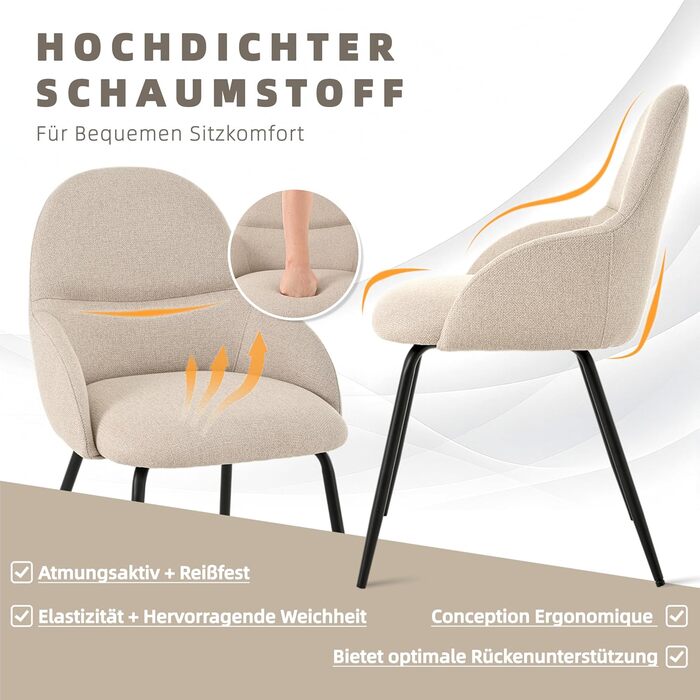 6 стільців для їдальні з підлокітниками – ергономічні оббиті стільці, сучасні кухонні стільці з льоновим покриттям та металевими ніжками, для вітальні, їдальні, кухні, бежевий колір, комплект 6 шт.