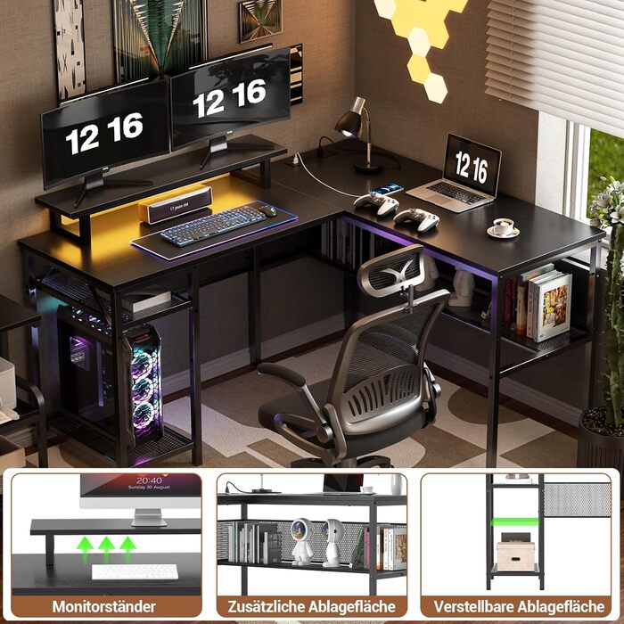 L-подібний ігровий стіл, 141x117x76 см, з полицею, для дому, офісу, навчання, ігор, чорний