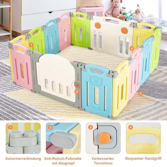 Дитячий манеж COSTWAY складний з 14 панелями, пластиковий манеж, манеж з дверцятами та іграшковою дошкою, захисні ворота для ігрової огорожі для немовлят і малюків (барвисті)