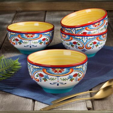Набір посуду Euro Ceramica Zanzibar Collection, 16 частин, для кухні та їдальні, на 4 особи, з іспанським квітковим візерунком, блакитно-жовтий
