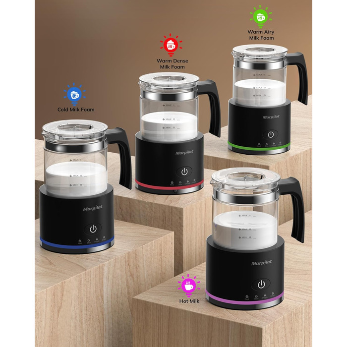 Електричний піноутворювач для молока Morpilot, 130-500 мл, 600 Вт, 4-в-1, для гарячого та холодного молока, миється в посудомийній машині, скляний, дизайн Latte, чорний