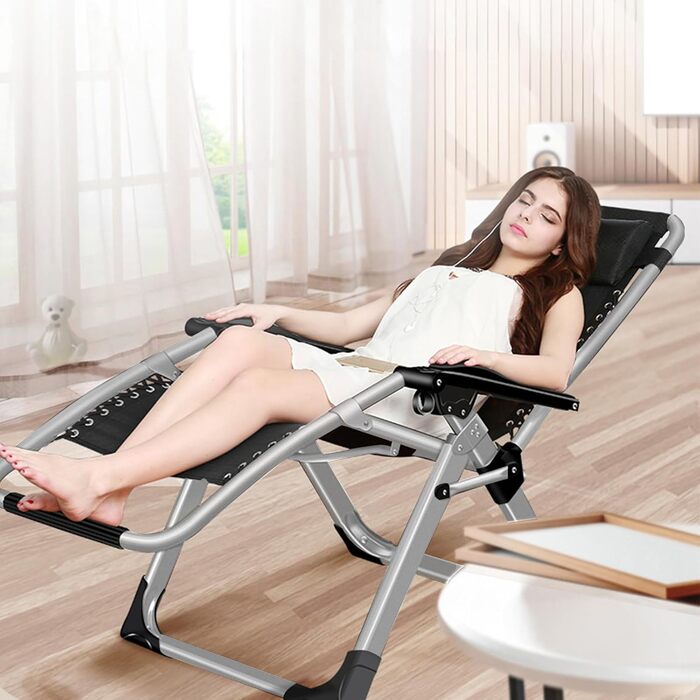 Складаний лежак з підголівником, 200 кг, сірий – для дому, балкону, пляжу, басейну