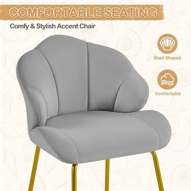 Крісло Yaheetech у формі мушлі, сучасне крісло-вушко, м'яке крісло з металевими ніжками, поліестер, для вітальні/туалетного столика/спальні, комплект, білий/світло-сірий
