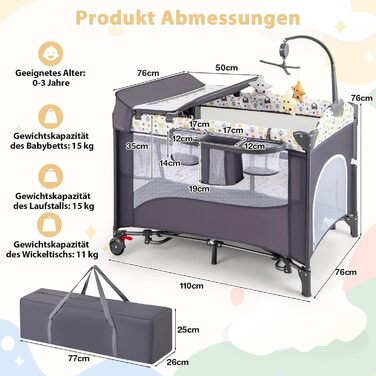 Дитяче ліжко-манеж DREAMADE 5 в 1 з матрацом, з колесами та пеленальним столиком, з музичною іграшкою, 110x76 см, для новонароджених, з сумкою для перенесення (зелений, кольоровий)