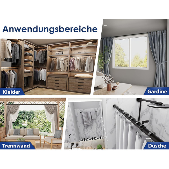 Телескопічний карниз-розпірка для штор 310-360 см, матовий чорний, Ø 32 мм, без свердління для ванної кімнати та балкона