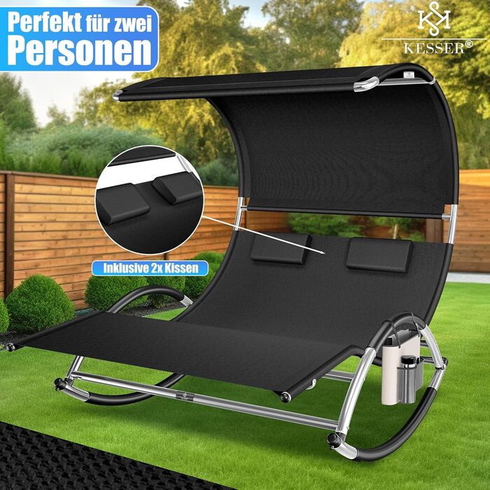 Кесер® Подвійна шезлонг для відпочинку з сонцезахисним дахом, подушкою для голови та кишенею для 2 осіб, чорний