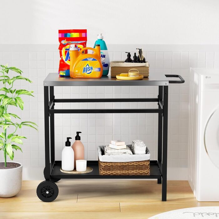 Гриль-вагон LEADZM - гриль-стіл для вулиці, 95 x 45 x 83 см, стіл з нержавіючої сталі срібного кольору, на колесах, мобільний, сервірувальний візок для садів, чорний, 95x45x83 см