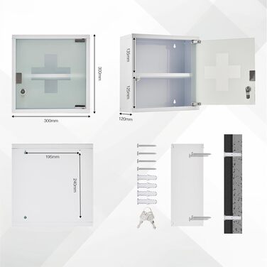 Медичний шафка Zedelmaier з нержавіючої сталі, 4 відділення, аптечний шафка, для ванної кімнати, навісний, з замком, 57 x 27 x 12 см, білий