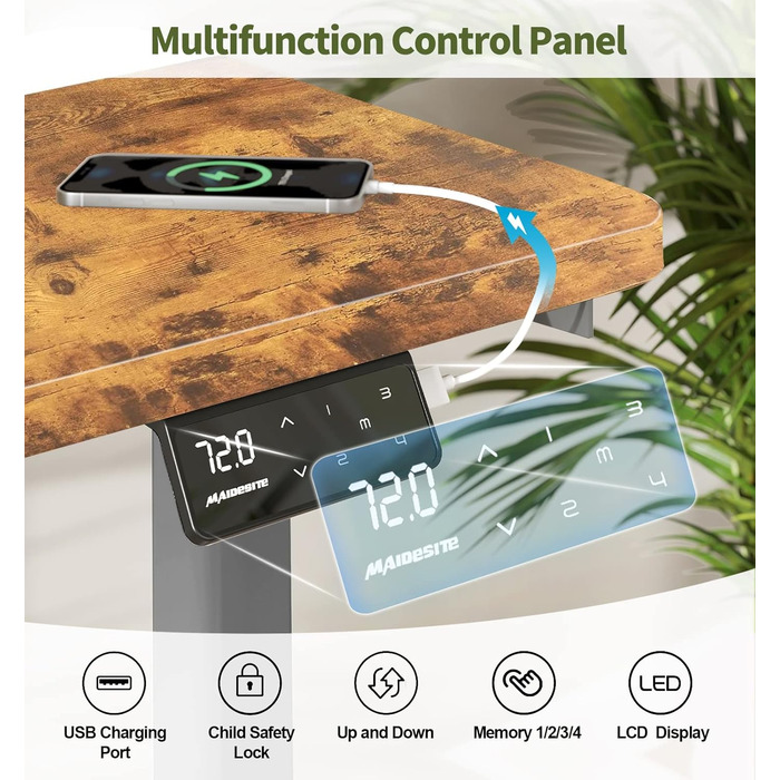 Регульований стіл MAIDeSITe 160 x 80 см з електроприводом та LED-підсвіткою (S1 Pro) сірий + вінтажний коричневий