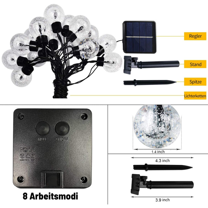 Сонячна гірлянда для зовнішнього і внутрішнього освітлення, 12 м 100 світлодіодних кришталевих куль, водонепроникна вулична гірлянда на сонячній батареї, 8 режимів сонячної різдвяної гірлянди для саду, балконів, Різдва, весіль ,кемпінгу (холодний білий)