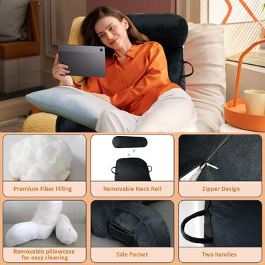 Подушка для читання MINGPINHUIUS XL для ліжка та дивана з знімною подушкою для шиї, ідеальна для дорослих, з піною з пам'яті для комфортного читання, роботи, ігор, перегляду телевізора та відпочинку (Чорний)