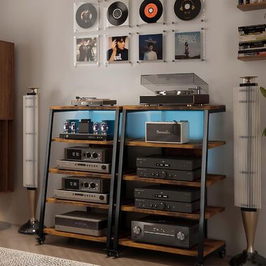 Стеллаж для Hi-Fi апаратури з коліщатками, стіл для програвачів з розетками, LED-підсвічуванням та регульованими полицями. Металевий стійка для аудіо- та стереосистем, 60 x 52 x 110 см