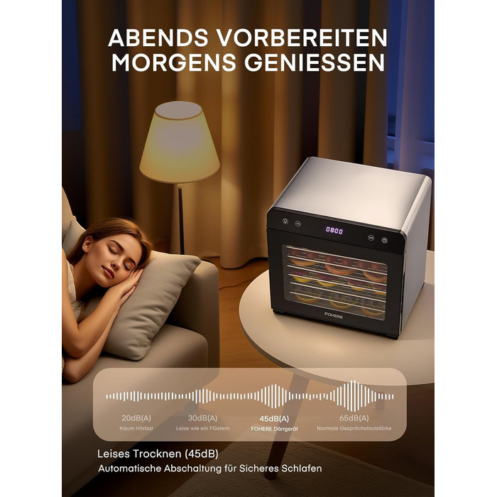 Електричний дегідратор FOHERE з нержавіючої сталі, 650W, 8 ярусів, таймер 48h, 35-75°C - для овочів, м'яса, трав, здорових перекусів та кемпінгу