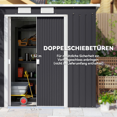 Сарай для інструментів, з вентиляційними вікнами, розсувними дверима, оцинкована сталь, 213 x 130 x 172 см, темно-сірий