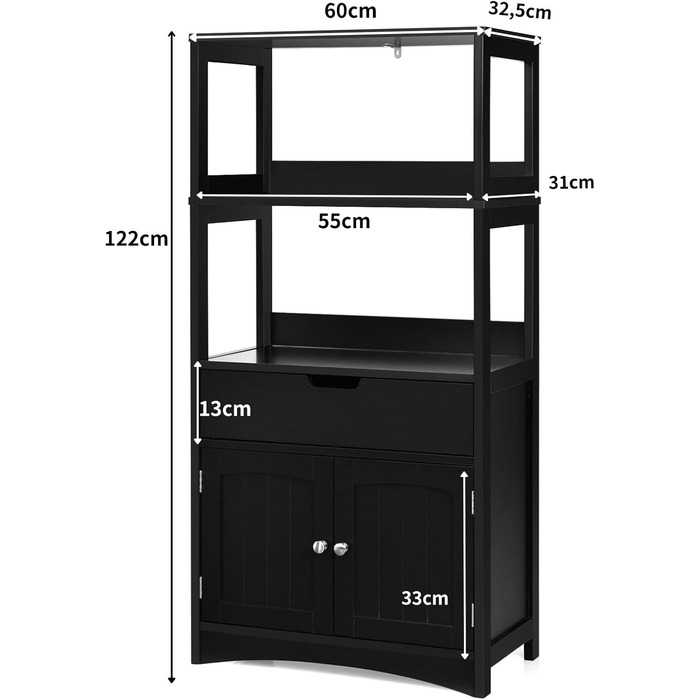 Шафа для ванної кімнати COSTWAY, Висока шафа з дверцятами, полицями та ящиком, багатофункціональна шафа (чорна)