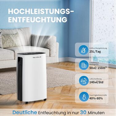 Електричний осушувач повітря 15L, 30㎡, з тачпанеллю, бак 2.5L, дренажний шланг, 46dB, таймер 24h, 3 роки гарантії (25L/день з керуванням через додаток)