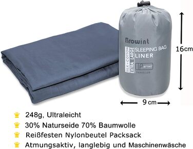 Шовковий / бавовняний спальний мішок BROWINT, дорожній спальний мішок на подвійній блискавці з відділенням для подушок, дуже широкий спальний мішок для котеджів розміром 220 на 110 см для гуртожитків, легкий, компактний і дихаючий (темно-сірий)