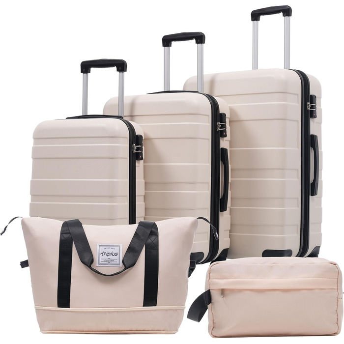 Набір валіз Merax 5 шт. (M-L-XL) з ABS, TSA-замком, розширення L-XL, з сумкою та косметичкою, бежево-чорний