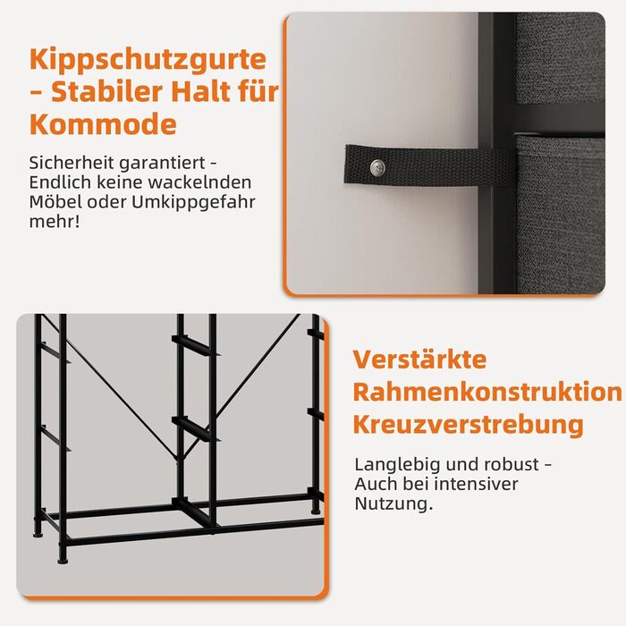 Комод з тканини з шухлядами, комод-шафа для спальні, вітальні, передпокою, 8 шухляд, білий (вугільно-сірий), 30T x 80B x 114.5H см