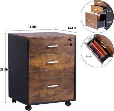Шафа для документів на колесах SogesHome, мобільний контейнер для офісу, 3 висувні ящики, білий, з замком, для дому та офісу (Вінтаж)