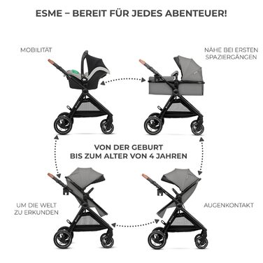 Дитяча коляска Kinderkraft ESME 3-в-1: комплект з автокріслом I-size, до 22 кг, сірого кольору
