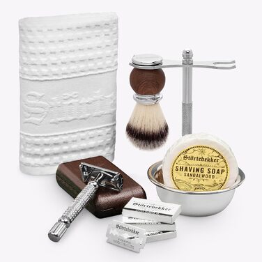 НОВИНКА Strtebekker Connoisseur Set - Високоякісний набір для гоління для ідеального гоління - в т.ч. безпечна бритва, щітка для гоління, мило для гоління сандалове дерево, чаша для гоління, підставка для гоління, серветка для гоління - ідея подарунка срі