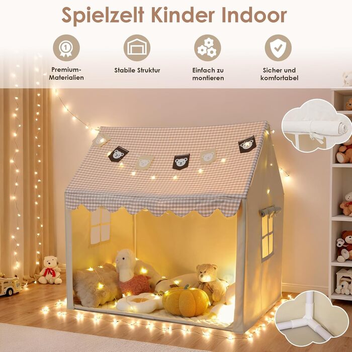 Дитячий намет Mamizо з килимком, прапорцями та світлом, зручний та дихаючий. Ігровий будиночок для дітей, намет для хлопчиків та дівчаток, 125x90x123 см, бежевий колір.