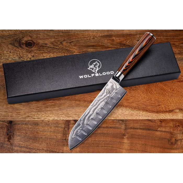 Ніж кухарський Santoku XL (30 см) Wolfblood з дамаської сталі 67 шарів, професійний, з дерев'яною ручкою, подарункова коробка та захист леза