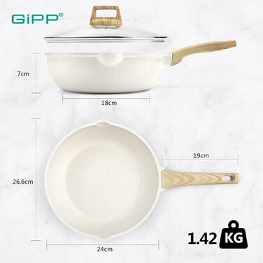 Сковорода GiPP Schmorpfannen з високим бортиком, вок-сковорода з кришкою, 4.3л, керамічне антипригарне покриття, для всіх типів плит, білий (24 см)