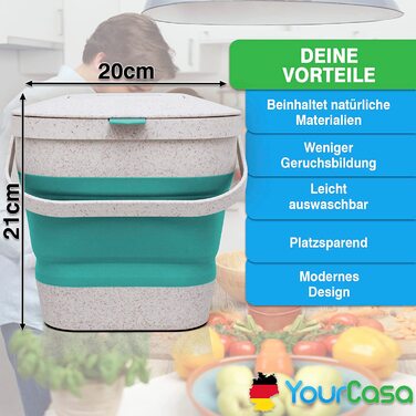 Відро для компосту YourCasa - складне-4 л - для побутових органічних відходів на кухні - стійке до запахів і миється-екологічно чисте органічне відро для сміття з кришкою Кухонне відро для органічних відходів (зелено-білий)
