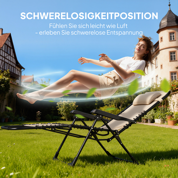 Розкладне крісло для відпочинку на сонце, садове крісло з подушкою для голови, спинка регулюється в 5 положеннях, витримує до 120 кг, бежеве