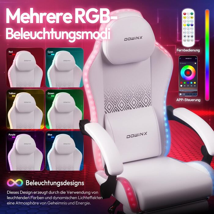 Ігровий крісло Dowinx з RGB підсвічуванням, LED, з підніжкою, для дорослих, ергономічний, з масажем попереку, з PU шкіри, білий