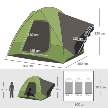 Автомобільний намет Outsunny Camping Tent на 4-5 осіб, 300 x 300 x 230 см, виготовлений зі скловолокна та поліестеру, зелений, ідеально підходить для пригод на свіжому повітрі