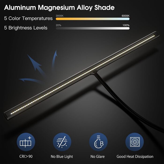 LED лампа настільна EYOCEAN 24W, 80см з жестами, диммування, захист очей, для офісу, читання, архітекторів, дизайнерів, чорна