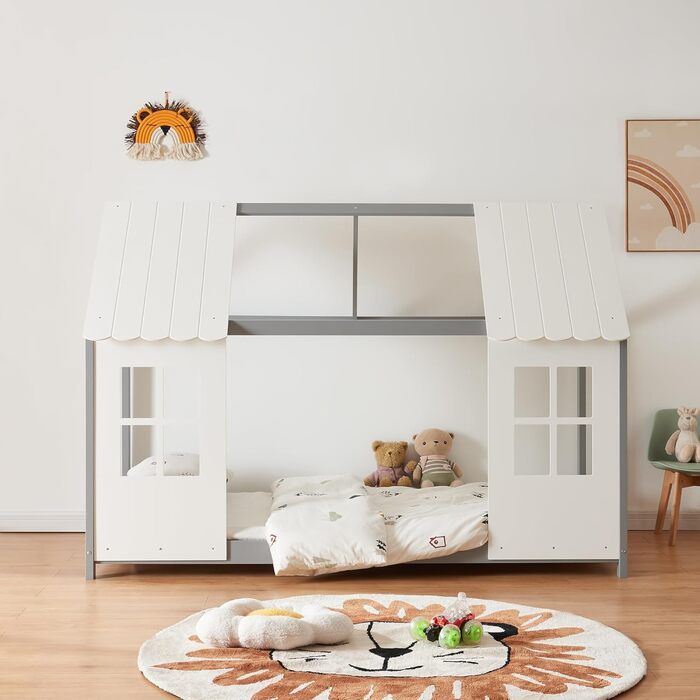 Дитяче ліжко Tostedt en.casa: ліжко-будиночок, ліжко для підлітків, ліжко-ігровий будиночок, напіввідкритий дизайн, ліжко Монтессорі з масиву сосни, 120x200 см, рожево-біле