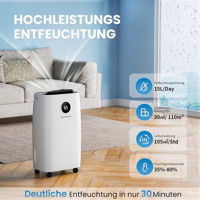 Електричний осушувач повітря 15L, 30㎡, для підвалу, з тачем, 2.5L бак, дренажний шланг, 46dB, таймер 24h, гарантія 3 роки