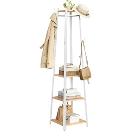 Стійка для одягу VASAGLE з 8 гачками, 4 полицями та вішалкою, металевий каркас, для шалей, курток, сумок, для прихожого, золотий дуб + білий, LCR080W09
