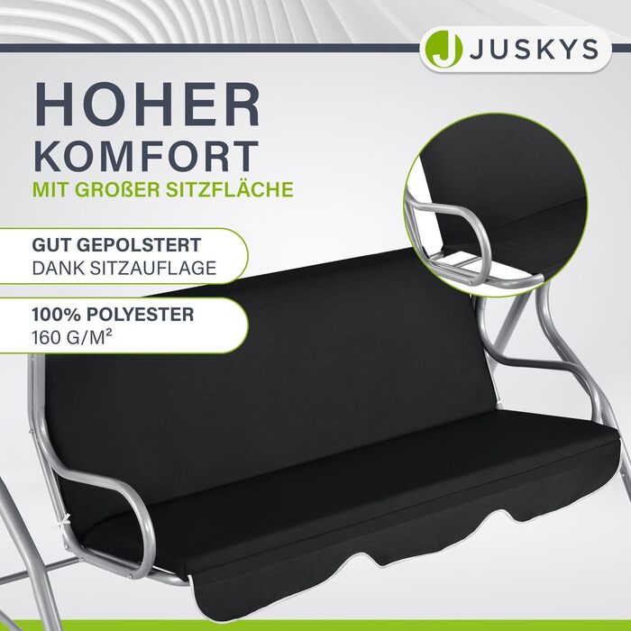 Садова гойдалка Juskys на 3 місця з регульованим дахом і м'якою подушкою, до 200 кг, водостійкий поліестер, антиковзкі ніжки, для саду та тераси, чорна