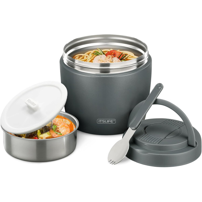Термоконтейнер для їжі Itslife 970мл, термоконтейнер з кришкою, з нержавіючої сталі з ложкою, термотермос для їжі, ланчбокс для супів, дитячого харчування, каші (зелений, сірий)