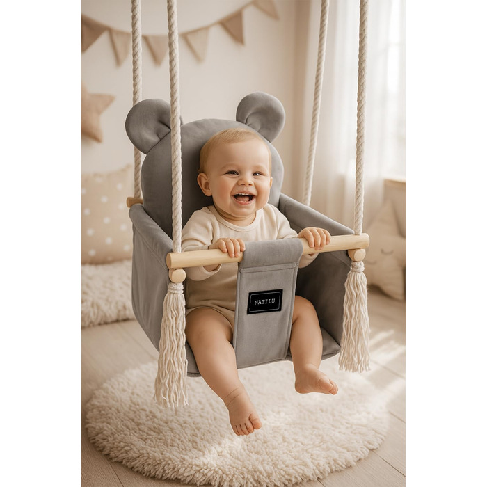 NATILU® Дитяча гойдалка для дому та саду | Велюр Сірий Ведмідь | Дерев'яна гойдалка | Гойдалка для малюків | Гойдалка для саду | Гойдалка для дітей від 6 місяців