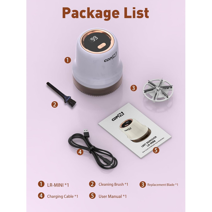 Електричний видалення ворсу для тканини COPPA: 6 лез, 3 швидкості, перезаряджається, для одягу, меблів (фіолетовий)