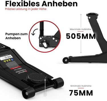 Гідравлічний домкрат 3T низькопрофільний 75-505мм з гумовими накладками для легкових авто та SUV – професійний, поворотний на 360° (Чорний)