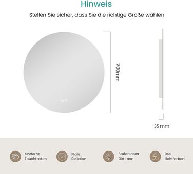 Дзеркало для ванної кімнати EMKE круглої форми з підсвіткою 80 см - кругле дзеркало з 3 кольорами світла, регулюванням яскравості, сенсорним управлінням, функцією пам'яті та енергозбереженням. Розміри: 70 x 70 см