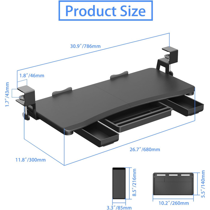 Підставка під клавіатуру Suptek під стіл з ящиком – 67,8 x 30 см, міцна кріплення C-подібне, регульована висота, легка установка, для дому та офісу, DSF6CT