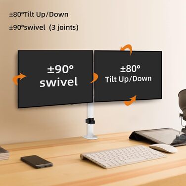 Кріплення для двох моніторів Bracwiser MD7442 - для моніторів 13-27 дюймів, VESA 75/100mm, регулювання висоти, нахил, поворот, максимальне навантаження 10 кг (білий)
