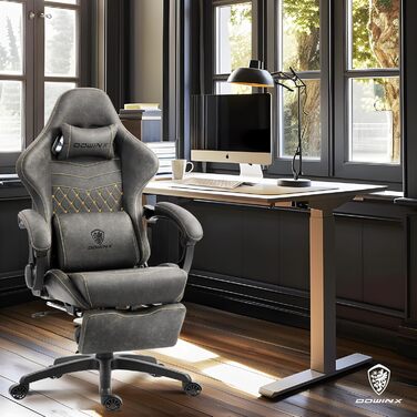 Ігрове крісло Dowinx з підніжкою, масажером попереку та офісним комфортом, до 200 кг, регулювання спинки 165°, сірий