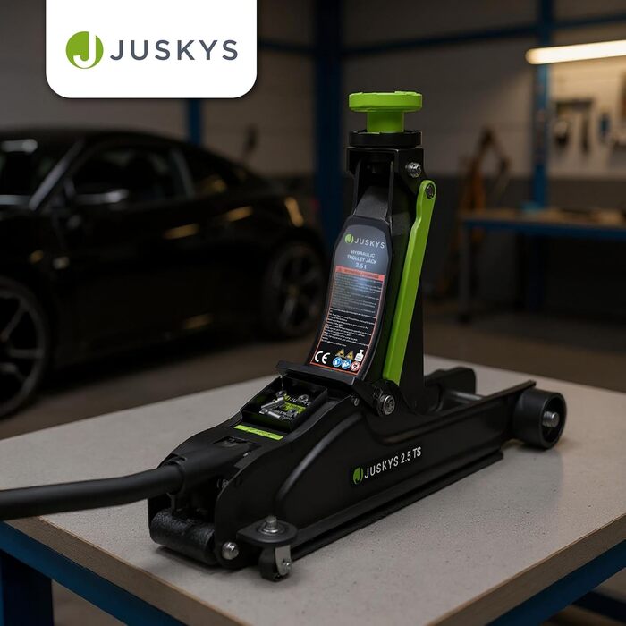 Підйомник гідравлічний Juskys 2.5 т, сталевий, 85-390 мм, з кейсом, гумовими накладками та аксесуарами - Чорно-зелений