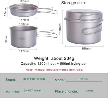 Набір кухонного посуду iBasingo Titan Topf Pfanne Set 1200мл & 500мл: каструля, сковорода, миска для кемпінгу, туризму, приготування їжі на природі. Легкий набір з 2 шт. з розкладним ручками. Ідеально для 1 особи. Ti2110C