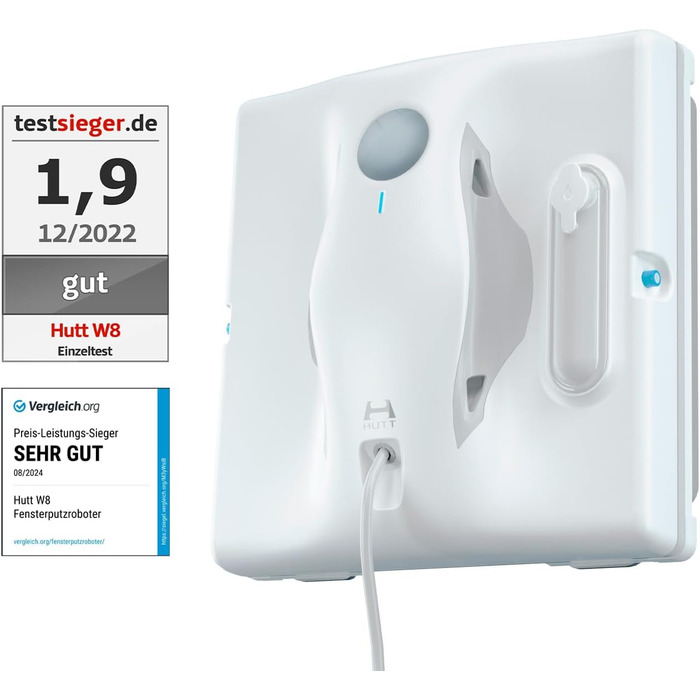 Робот для миття вікон Hutt W8 з пультом дистанційного керування | 2-фазне розпилення, 3800Pa всмоктування | 80 мл бак, розпізнавання країв | Для скла, плитки, дзеркал (4 серветки для миття, страхувальний трос в комплекті)