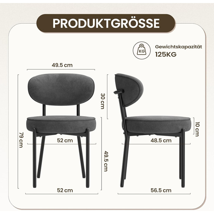Обідні стільці COLAMY з м'яким сидінням 10 см – Сучасні стільці з плюшевої тканини Teddy, з міцним металевим каркасом – Для кухні та вітальні, Білий (Сірий, 2 шт.)